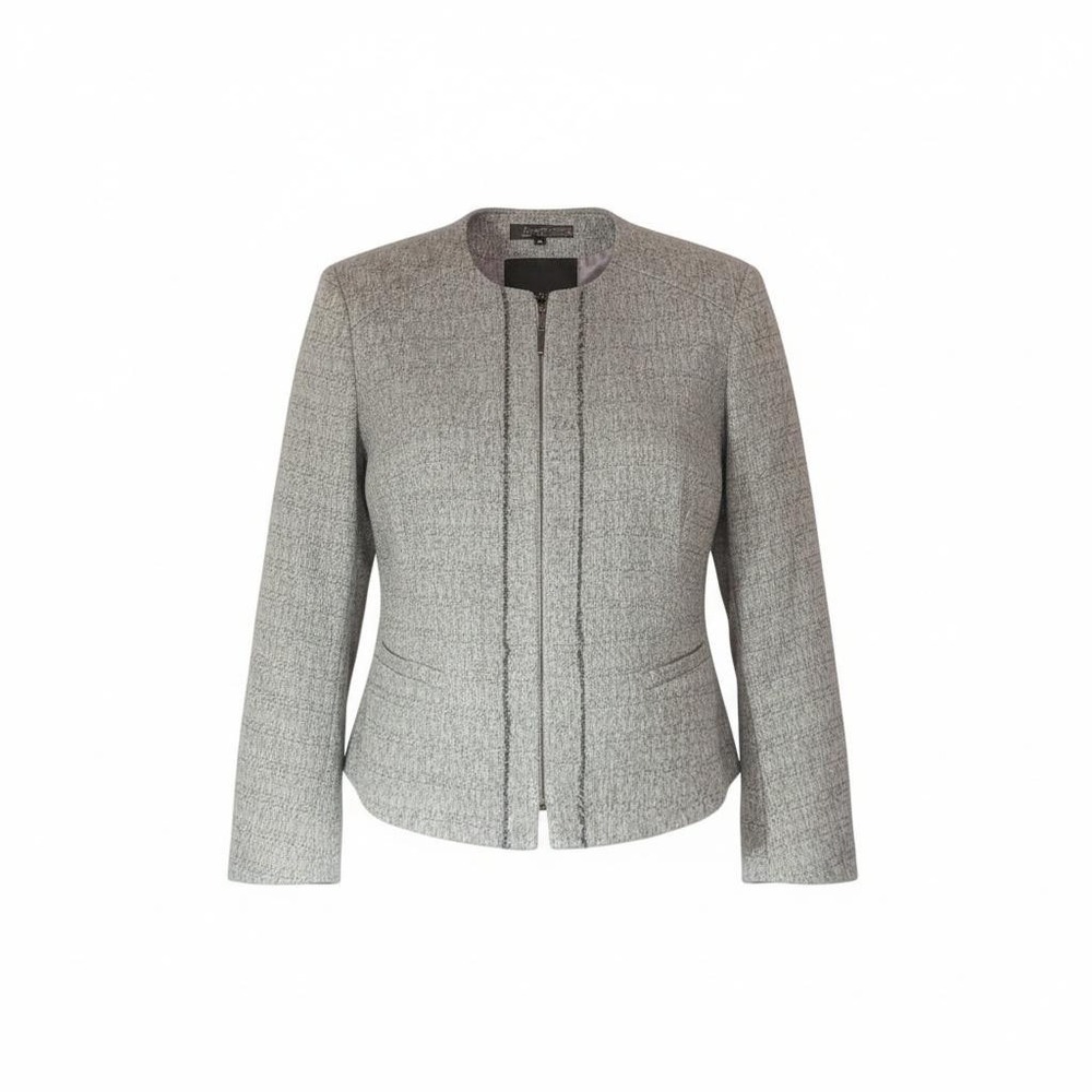 Emily Blazer Jacket Womens 16 Gray Tweed Collarless Full Zip Fringe‎ Pockets